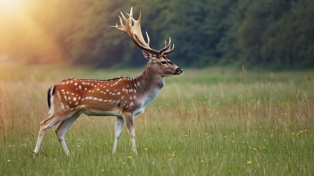 A majestic fallow deer with large antlers stands in a sundrenched meadow filled with wildflowers 4k video