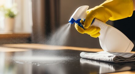 Hand in yellow glove spraying cleaner on dark surface with cloth nearby, concept for surface disinfection, household hygiene and preventing the spread of germs