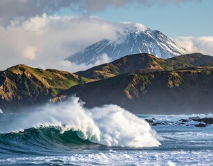 Dramatic landscape featuring mountain, crashing waves, and rolling hills