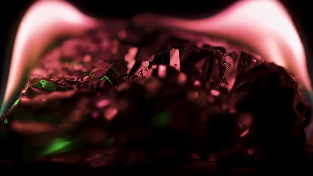 A macro view of a smoldering ember glowing with eerie pink flames and a vibrant green light against a black background.