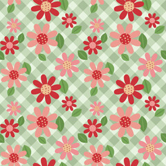 Cheerful seamless floral pattern with pink and red flowers. This lovely repeating fabric pattern on green gingham background evokes happy spring feeling
