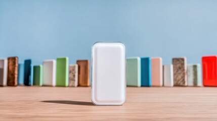 Obraz premium Modern Digital Wellness Concept with Glowing Smartphone on Matte Wood Desk for Professional Tech Marketing and Social Media Campaigns