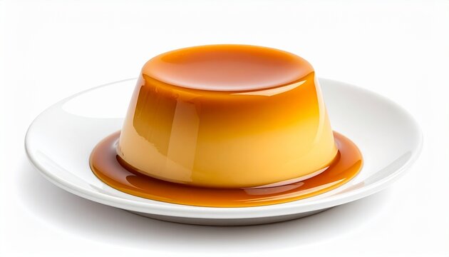 Generated imageCreamy caramel flan dessert on white plate — smooth glossy surface with rich caramel sauce pooling around base, ideal for dessert menus, food blogs, or product listings.