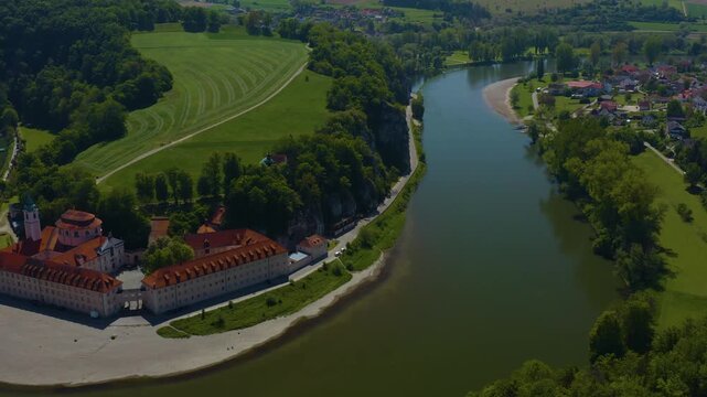 Aerial panoramic view around the village and  monastary Weltenburg in Germany, Bavaria on a sunny spring day