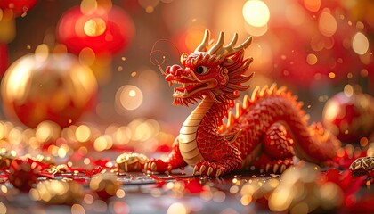 Red Dragon Figurine Amidst Golden and Red Decorations with Bokeh Lights Celebrating Lunar New Year Festivities