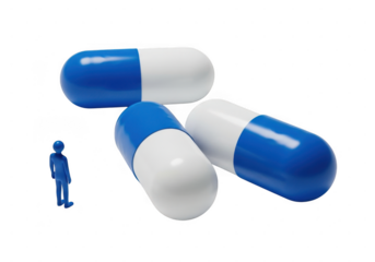 Small person standing next to giant pill capsules isolated on transparent background