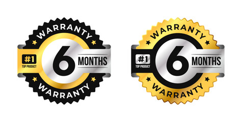 Premium 6 months warranty circle badge vector with black, gold and silver colors. Perfect for product guarantee, icon, logo, symbol, seal, stickers, quality assurance, label, certification