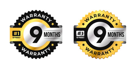 Premium 9 months warranty circle badge vector with black, gold and silver colors. Perfect for product guarantee, icon, logo, symbol, seal, stickers, quality assurance, label, certification