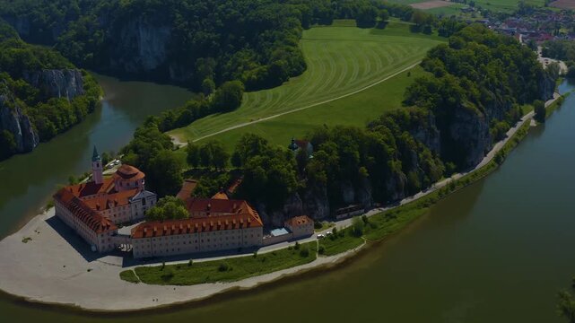 Aerial panoramic view around the village and  monastary Weltenburg in Germany, Bavaria on a sunny spring day