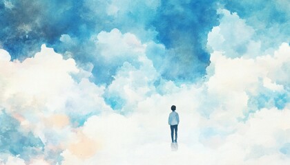 Person standing on clouds in a watercolor sky