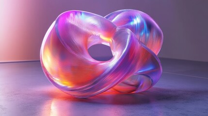 Abstract iridescent knot sculpture on a floor