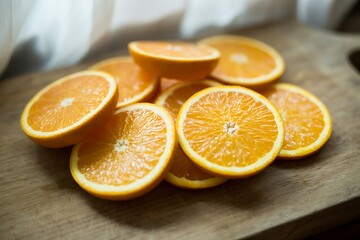 A Close Up View of Several Freshly Sliced Orange Halves Arranged Artfully on a Wooden Cutting Board Creating a Vibrant and Inviting Still Life Composition with a Softly Blurred Background