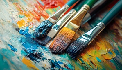 Obraz premium Close-up view of paintbrushes resting on a colorful palette