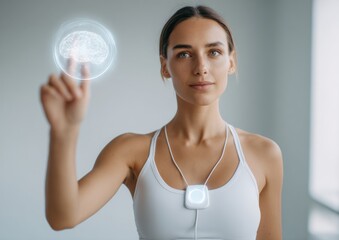 Modern Young Woman Using Futuristic Biohacking Device for Health Monitoring Premium Authentic Wellness Tech Content for Lifestyle Marketing Campaigns