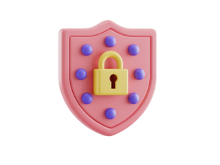 3D Pink Shield Security Icon with Yellow Padlock