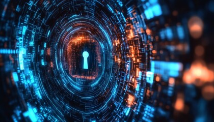 Abstract digital keyhole surrounded by glowing circuits