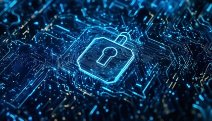 Cybersecurity concept: glowing blue padlock on circuit board