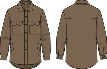 Naklejka premium Brown long sleeve button-up shirt flat sketch front and back view with pockets, collar, cuffs, yoke, fashion template
