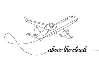 Elegant Single Line Drawing of an Airplane with Above the Clouds Text Representing Air Travel and Freedom of Flight