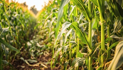 Obraz premium Golden sunlight filters through tall stalks of corn in a lush green field