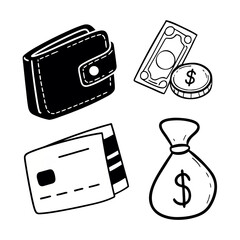 Secure your assets with this charming collection of financial icons including a wallet, credit card, money bag, and cash for your business and lifestyle designs.