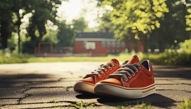 Red canvas shoes sit on pavement near a school - Powered by Adobe
