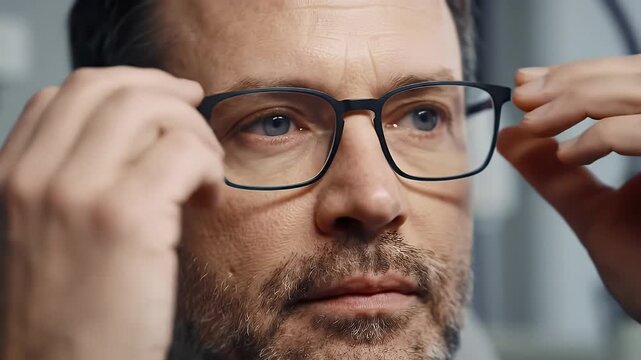 Close Up of Man Adjusting Black Framed Glasses Against Light Gray Background