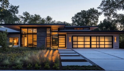 Fototapeta premium Modern house with sleek design and large windows, illuminated at dusk