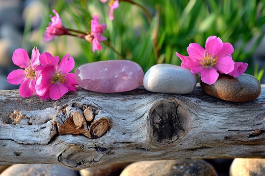 Zen meditatie-elementen: stenen en bloemen composi&euml;rend op natuurlijk hout.