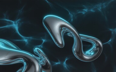 Abstract metallic fluid art with glowing blue energy currents in dark water background a mesmerizing digital creation