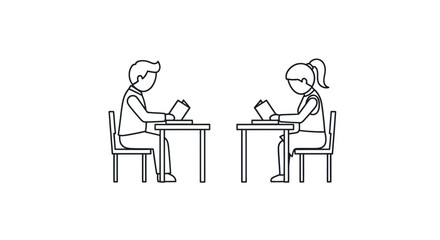 Two People Studying at Desks Line Art Illustration.