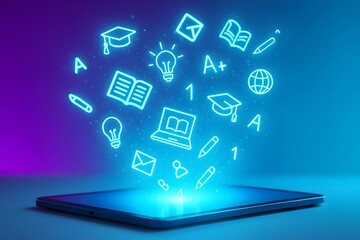 Digital Tablet Emitting Neon Education Icons &ndash; Modern E-Learning and Online Study Technology Concept