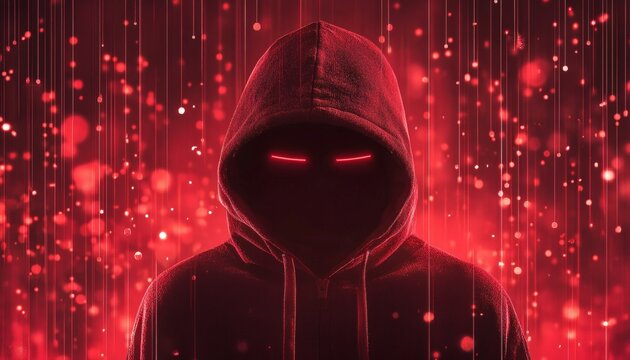 Mysterious figure in red hoodie against a red digital rain backdrop