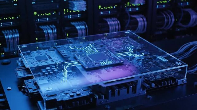 Close Up on Transparent Motherboard with Complex Circuitry and Data Servers Glowing with Blue Light in Dark Data Center for Technology Advertisement or Promotion 185 Characters