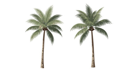 Obraz premium Two palm trees with green leaves and brown trunks isolated on a white background.