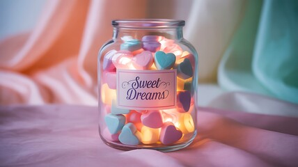 A Charming Glass Jar Filled With Heart Shaped Candies and Warm Fairy Lights Creating a Cozy Atmosphere for Sweet Dreams