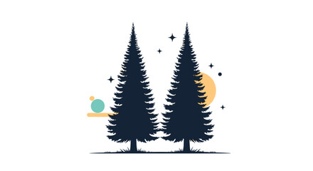 Obraz premium Two dark blue pine trees under a yellow moon and stars in the night sky.