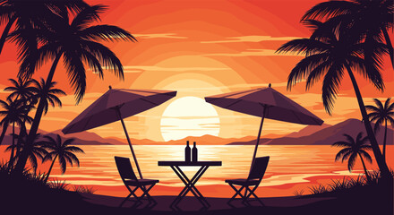 A serene pixel art beach scene with palm trees and a stunning sunset over the ocean.