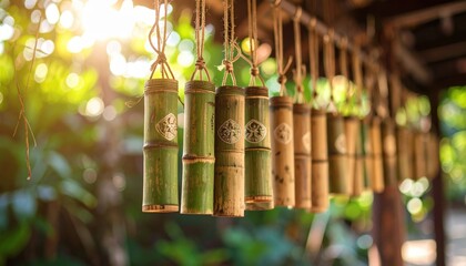 Bamboo Wind Chimes in Natural Setting with Soft Sunlight Glare