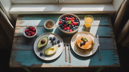 Healthy Breakfast Spread Featuring Fresh Fruits Avocado Pancakes and a Glass of Juice Bathed in Soft Morning Sunlight