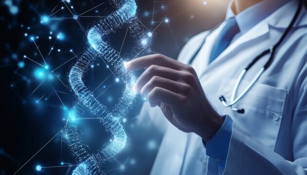Doctor examines a dna strand digital model, futuristic medical technology
