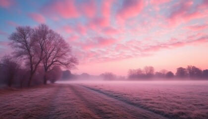 Pink and purple sunrise over a frosty field