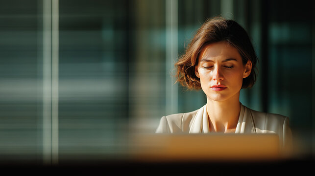 Serene Focus: A poised individual, absorbed in thought, is bathed in natural light, exuding an aura of focused concentration and peaceful contemplation in an architectural setting.