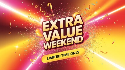 Don't miss out on extra value weekend deals for a limited time only, fantastic savings are here with confetti, streamers, and balloons for a vibrant celebration of discounts