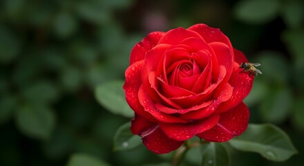 Vibrant red rose blossom with green leaves background for nature concepts