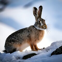 Obraz premium A wild hare, alert, perched on a snowy slope in a natural setting