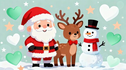 Santa Claus, Reindeer and Snowman, Classic Christmas Characters Illustration