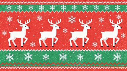 Christmas Knitted Pattern with Reindeer and Snowflakes on Red Background with Green Patterns