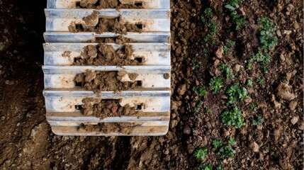 Durable Heavy Equipment Track Close-Up on Soil Premium Industrial Construction Stock for Professional Marketing and Authentic Corporate Content