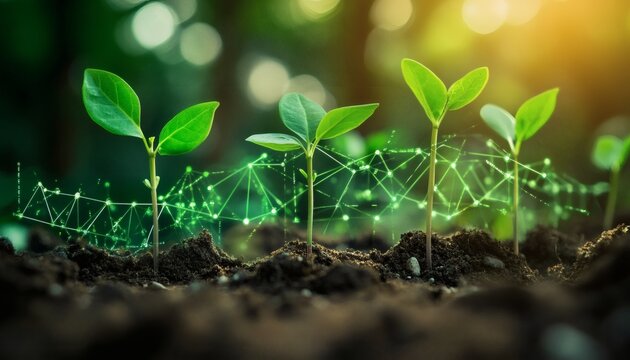 Young green plants growing in dark soil with glowing network